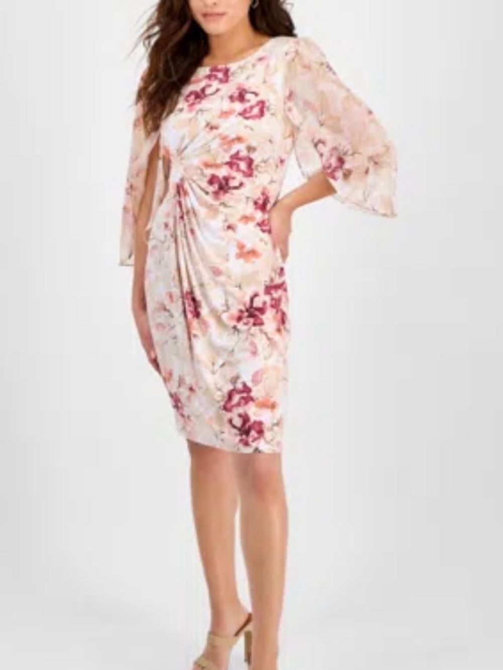 Connected Apparel Blush Floral Ruched Cape-Sleeve Midi Dress NWT size 16W